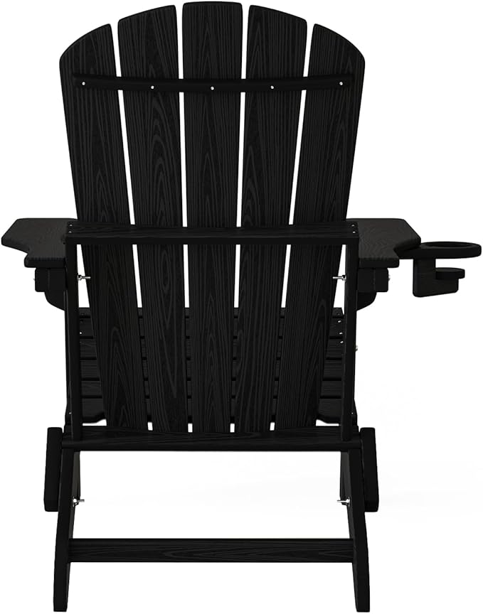 Plawdlik Folding Adirondack Chair Set of 4, Cup Holder，Wooden Textured ，Heavy All-Weather HDPE Comfortable Set Poolside Backyard Lawn Black