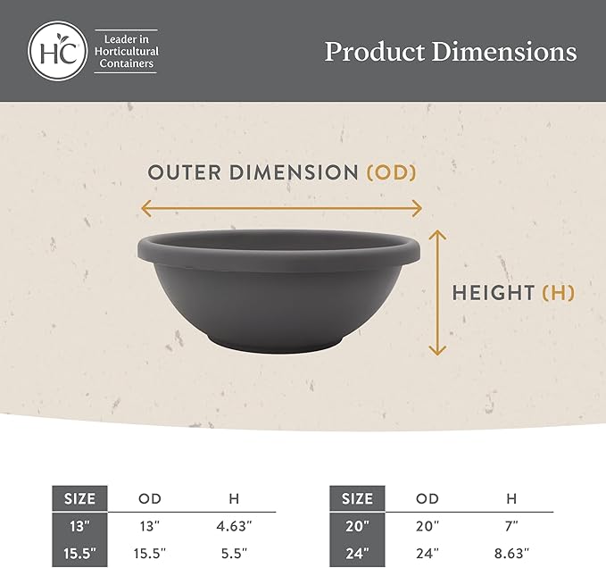 The HC Companies Shallow Planter with Drainage - Contemporary Garden Bowl Planter for Flowers, Herbs & More - Round Succulent Planter Pot for Indoors and Outdoors (13" Cottage Stone, Pack of 1)