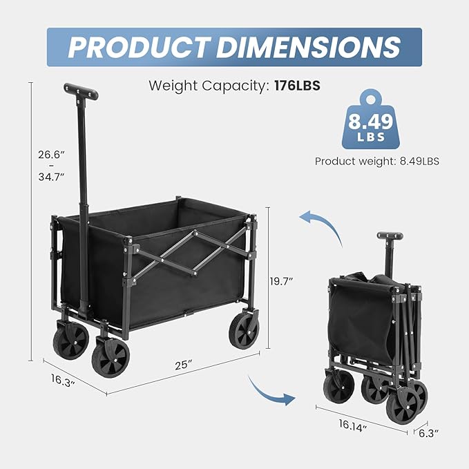 NEWBULIG Collapsible Wagon Cart, Foldable Beach Wagon with Wheels - Lightweight Foldable Utility Cart, Easy to Carry for Grocery Shopping, Garden & Camping