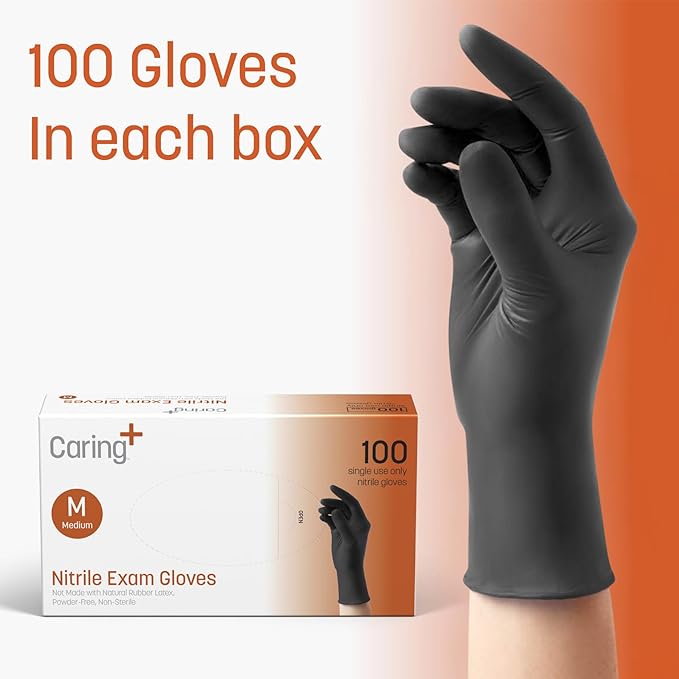 Caring Nitrile Exam Gloves, 100 Count, Powder Free and Without Natural Rubber Latex, Gloves for Cleaning, Food Prep, Black