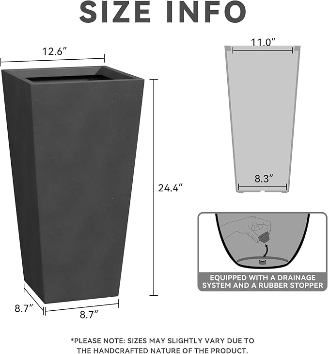 Kante 24.4" H Concrete Tall Tapered Planter Set of 2, Large Outdoor Indoor Garden Plant Pot with Drainage Hole and Rubber Plug Home and Patio, Burnished Black Finish