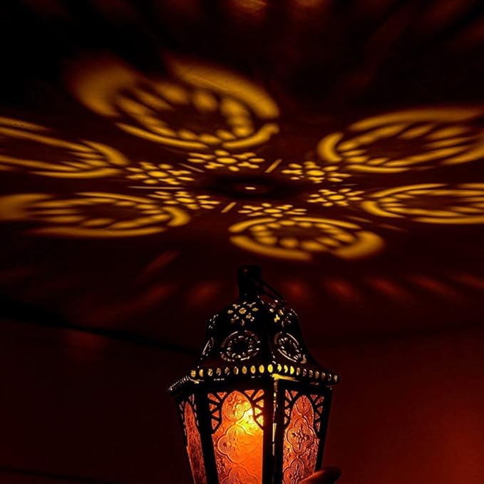 DECORKEY Ramadan Lantern Decorative Indoor & Outdoor, 13.6’’ Vintage Decorative Hanging Lanterns with Chian for Home Porch Patio Decor, Metal Christmas Moroccan Candle Holder Decorations (Amber)