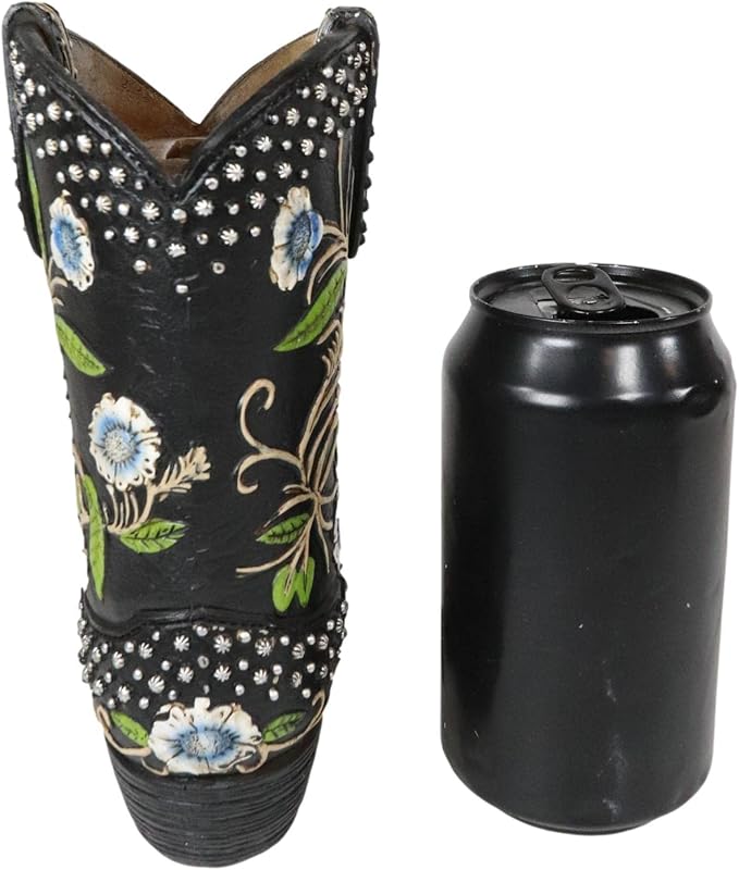 Ebros Gift Rustic Western Country Silver Studs with Midnight Floral Vine Blossoms Black Faux Tooled Leather Cowgirl Cowboy Boot Decorative Flower Bouquet Vase Or Planter Figurine 7" High