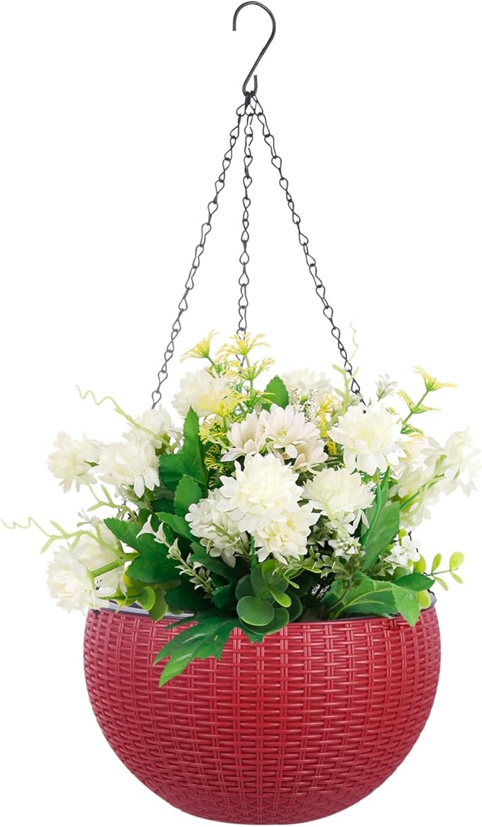 Vencer 11 Inch Round Resin Rattan Hanging Planters,Self Watering Hanging Basket for Indoor Outdoor Plants,Hanging Flower Pots with Drain Hole and Metal Chain,Water Indicator,Red,VF-A15-R