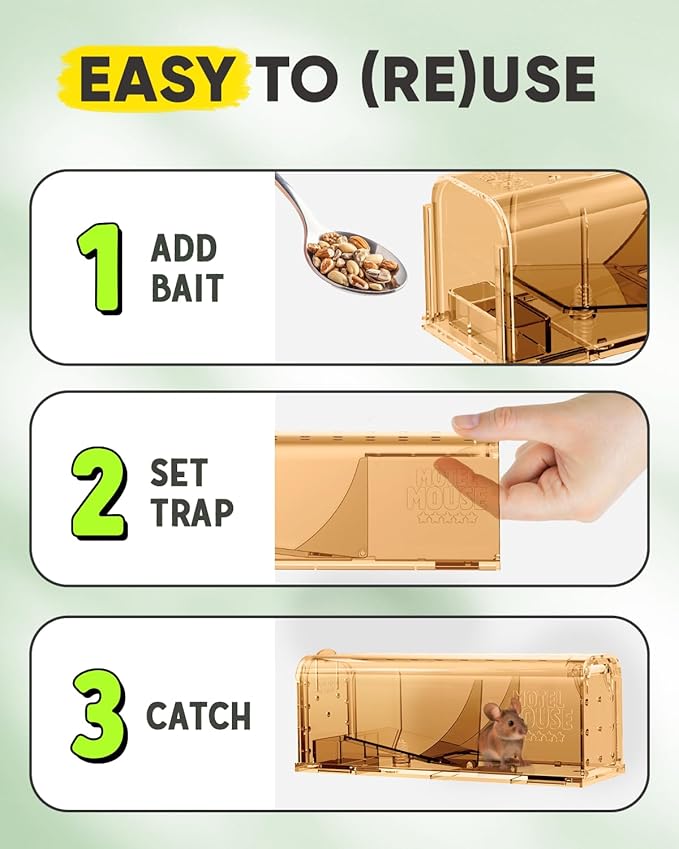Motel Mouse Humane Mouse Traps No Kill Live Catch and Release 2 Pack - Reusable, Easy to Use & Clean, No Touch Release, Sensitive Includes Cleaning Brush, Instruction Manual & Video - Mousetrap Indoor