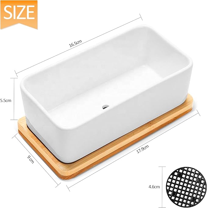 ARVINKEY White Ceramic Succulent Planters, Indoor and Outdoor Succulent Planters, Set of 2 Small Cactus Containers, Bonsai Pots, Flower Pots with Drainage Hole and Bamboo Bowl (No Plant)