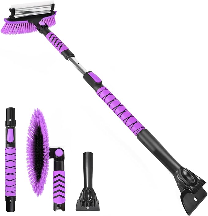Yougfin 3 in 1 Snow Brush with Ice Scraper for Car Windshield Extendable, SUV Snow Removal with Squeegee Heavy Duty, 180° Rotating Head Car Window Cleaner for Winter 43 inch