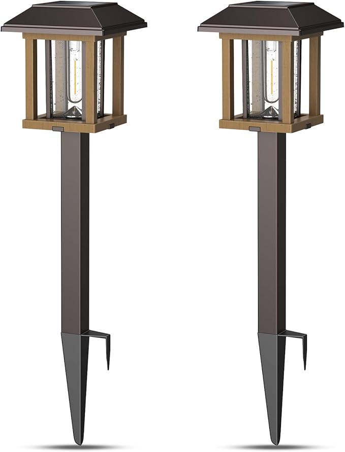 XMCOSY+ Solar Pathway Lights Outdoor Waterproof IP65 - Dual-Tone 25 LM LED Solar Garden Lights for Yard (Two-Tone Bronze & Wood Color, 2 Packs, Warm White)