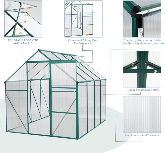 6x8 FT Polycarbonate Greenhouse Raised Base and Anchor Aluminum Heavy Duty Walk-in Greenhouses for Outdoor Backyard in All Season Green