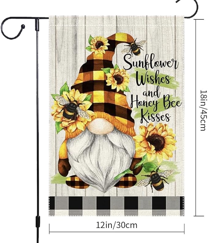 Spring Summer Buffalo Plaid Gnome garden flag Bee Sunflowers 12x18 inch Double Sided Small Burlap Home Outdoor Yard Lawn Patio Flags Decorations