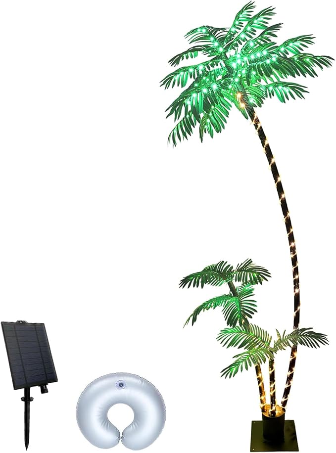 SOSHOT 7FT Solar Lighted Palm Trees for Outside Patio Light Up 260 LED Artificial Fake Tree Lights for Pool Bar Tropical Party Deck Outdoor Decorations