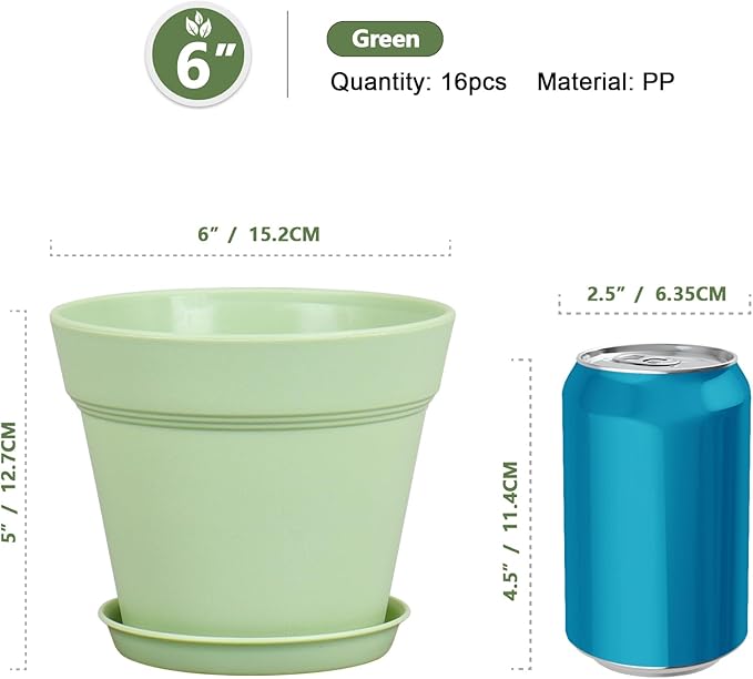 Meowell 6 inch Plastic Nursery Pots, 16 Pack Plant Pots for Small Indoor Outdoor Plants, Flower Pots with Drainage Holes and Saucers, Decorative Seeding Starter Planters for Houseplants, Green