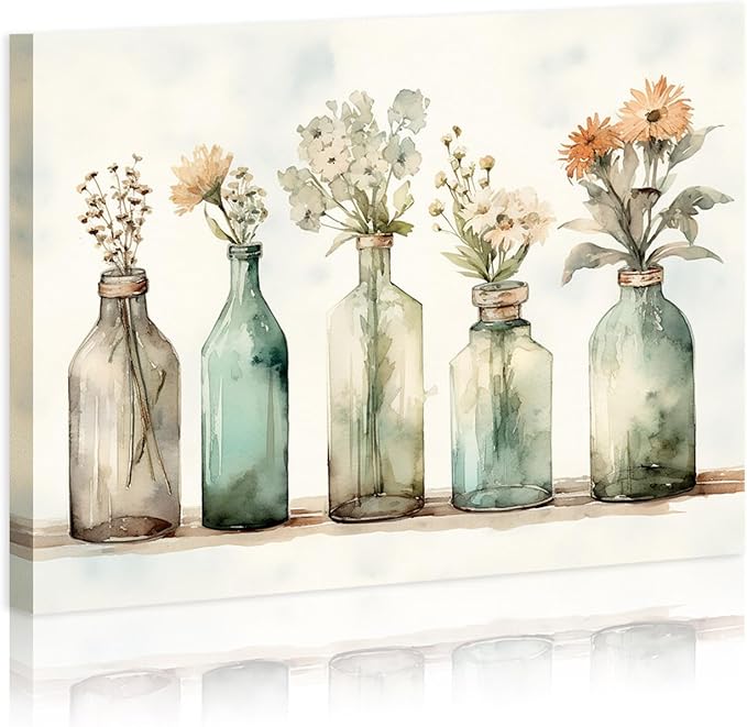 FUNHUA Botanical Bottles Green Farmhouse Bathroom Wall Decor Modern French Flowers in Bottle Pictures for Living Room Bedroom Bathroom Framed Ready to Hang 12x16 Inches
