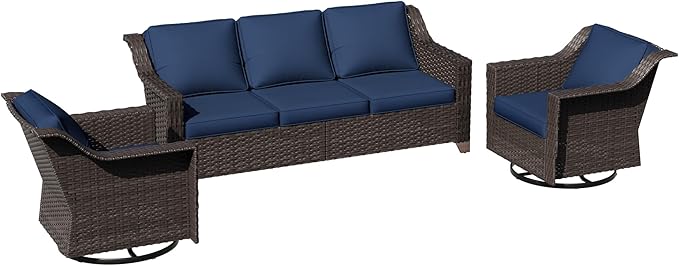3 Pieces Patio Conversation Furniture Set - 1 Sofa, 2 Swivel Chairs, Outdoor Wicker Furniture with Removable Cushions for Porch, Balcony, Sunroom (Blue)