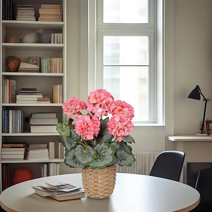 Briful Artificial Pink Geranium Flowers in Woven Basket, 14.5’’ Tall Silk Flower Arrangement, Realistic Geraniums Artificial Outdoor Plants for Home Indoor Farmhouse Table Wedding Centerpiece Decor