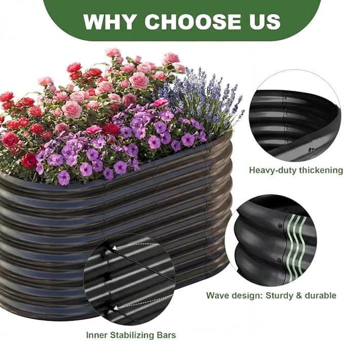 AHEONLAR 2 Pack 4×2×2ft Galvanized Raised Garden Beds Outdoor, Oval Sturdy and Durable Planter Boxes for Vegetables, Fruits, Flowers and Plants, Easy Assembly, Black