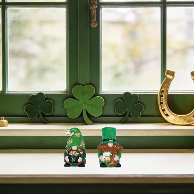 MEETYAMOR St Patricks Day Decorations, 2 PCS Handmade Gnome Resin Figurine for St Patricks Day Decor, Irish Green Clover Leprechaun Figurines Standing for Home Table, Mantel, Shelf