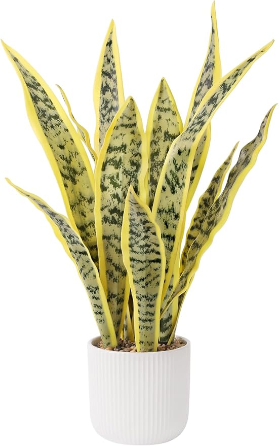 Artificial Realistic Snake Plant 21.5" with White Pot Fake Snake Plants Sansevieria Greenery Faux Snake Plant for Home Office Living Room Housewarming Gifts Indoor Decor-LightYellow