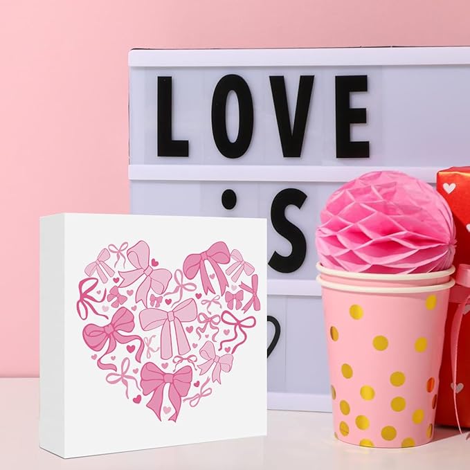 Valentines Day Decorations, Valentines Day Gifts for Her Him, Gift for Boyfriend Girlfriend, Romantic Pink Bow Heart Anniversary Wooden Box Sign Husband Wife Home Office Bedroom Desk Decor