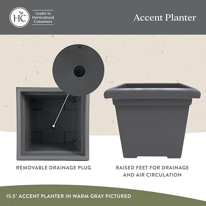 The HC Companies 12.5 Inch Accent Square Plant Pots with Drainage, Lightweight UV-Resistant Plastic Planters for Indoor & Outdoor Plants, 2-Pack Flower Pots for Garden, Office & Home Decor, Clay