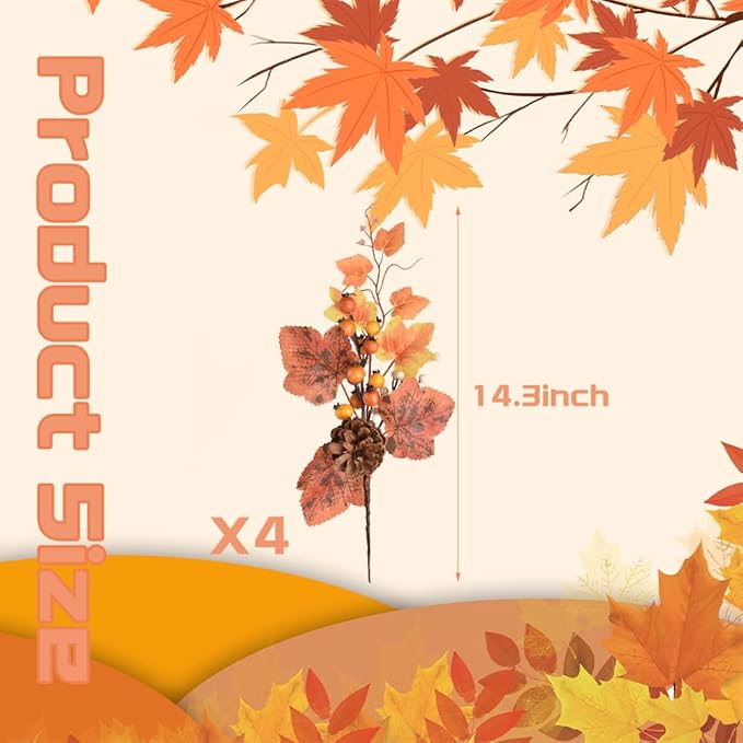 Fall Floral Picks 4PCS, Maple Leaf Pinecone Berries Branch Artificial Autumn Picks and Sprays for Farmhouse Autumn Vase Halloween Thanksgiving Decor