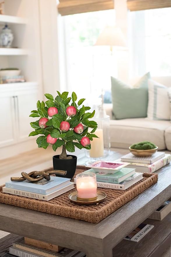 Artificial Fruit Tree Potted Plants - Fake Apple Tree Artificial Fruit Plant 15.7" with Black Pot Faux Plants Indoor Decor for Home Office Living Room Table Desk Scenery Arrangement
