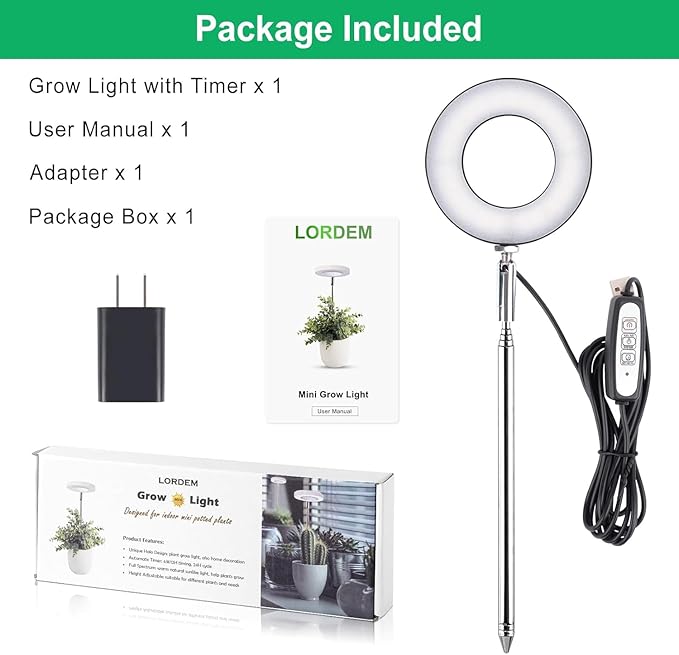 LORDEM Plant Grow Light, Full Spectrum LED Light for Indoor Plants, Auto On/Off Timer, 4 Dimmable Brightness, Black