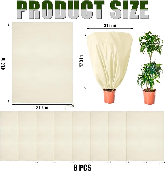 EYNDYN 8 Pcs Plant Covers Frost Protection Bag 47" x 31.5" Winter Reusable Plants Jacket with Drawstring Shrub Protection Wraps Bags Frost Blanket for Winter Outdoor Garden Plants