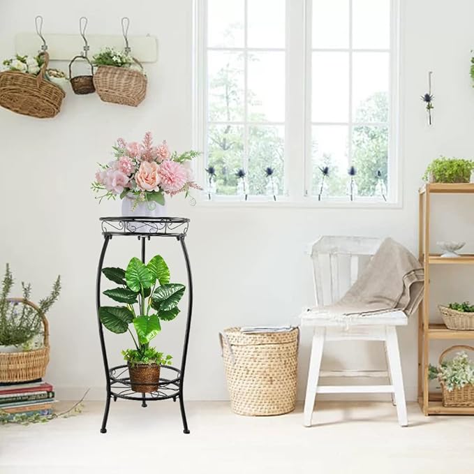YHIJURS Plant Stand Indoor Outdoor 27.1'', 2 Tier Tall Metal Plant Stands, Heavy Duty Rustproof Corner Flower Potted Rack for Planter Holder Home Patio Balcony Garden -Black