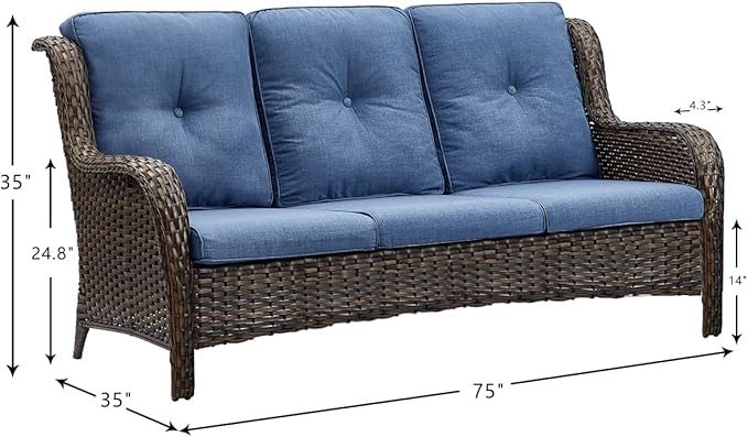 HUMMUH Outdoor Furniture 4 Pieces Patio Furniture Set Wicker Outdoor Sectional Sofa with 2 Patio Chairs,Coffee Table(Grey/Blue)