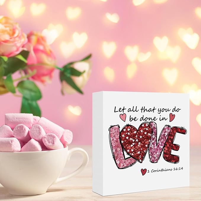 Valentines Day Decorations, Valentines Day Gifts for Her Him, Gift for Boyfriend Girlfriend, Pink Jesus Bible Verse Anniversary Christian Wooden Box Sign Husband Wife Home Office Bedroom Desk Decor