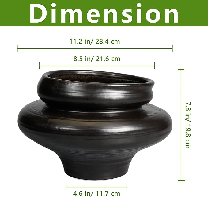 Teagas Ceramic Pots for Plants 11 Inch - Bonsai Planter for Outdoor Plants, Black Planter with Drainage Hole, Decorative Plant Pots for Home Decor, Gift for Women Men