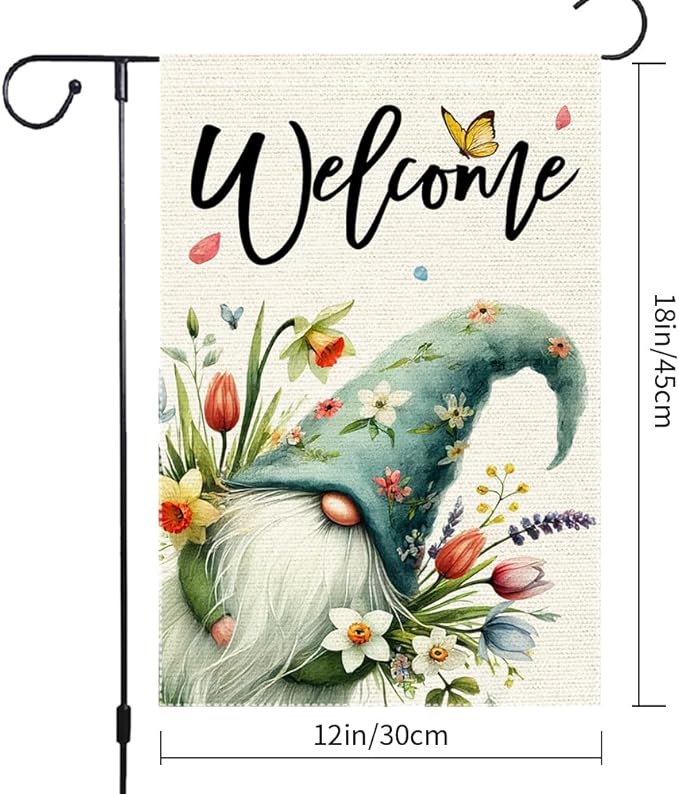 Welcome Spring Summer Tulip Garden Flag Flowers Butterfly Garden Flags 12x18 Inch Burlap Double Sided Gnome Colorful Floral Small Lawn Yard Outside Rustic Farmhouse Holiday Decorations Flags