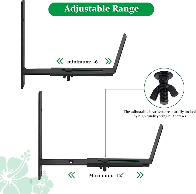 Adjustable Window Planter Box Brackets 6 Pack, Heavy Duty Wall Mount Flower Box Holder for Planter Box Depth (Front to Back) 6 to 12 Inches, Black