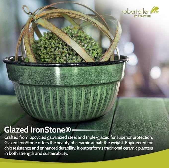 Headwind Glazed Ironstone Boutique Collection Cascade Bowl Plant Pot – Kale Color 8 Inch Pot for Indoor Plants - Planters for Indoor Plants - Ideal Succulent Planters by Robert Allen