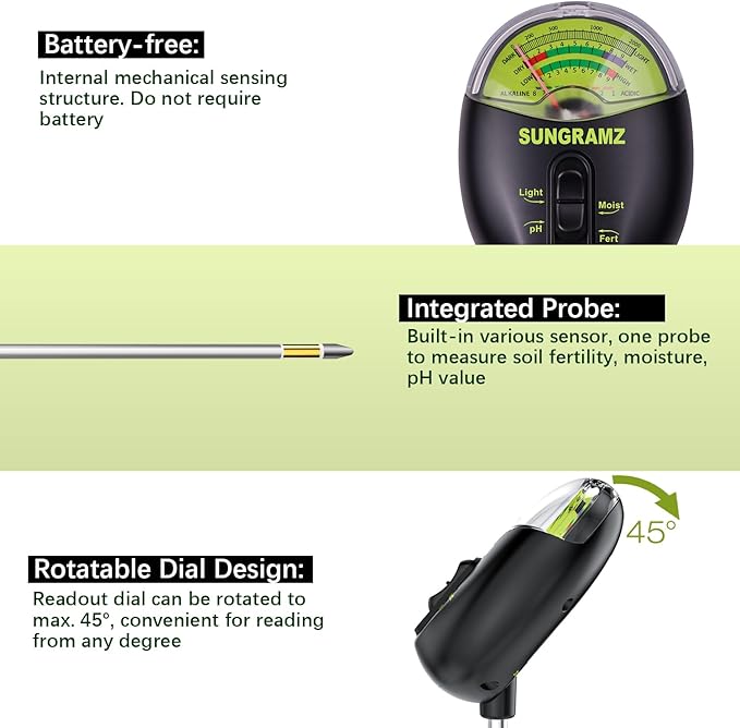 Sungramz Soil Moisture Meter for Plants, 4-in-1 Moisture/pH/Fertility/Sunlight Dial Display, pH Soil Tester for Garden, Lawn, Farm, Indoor & Outdoor Use, No Battery Required, Black