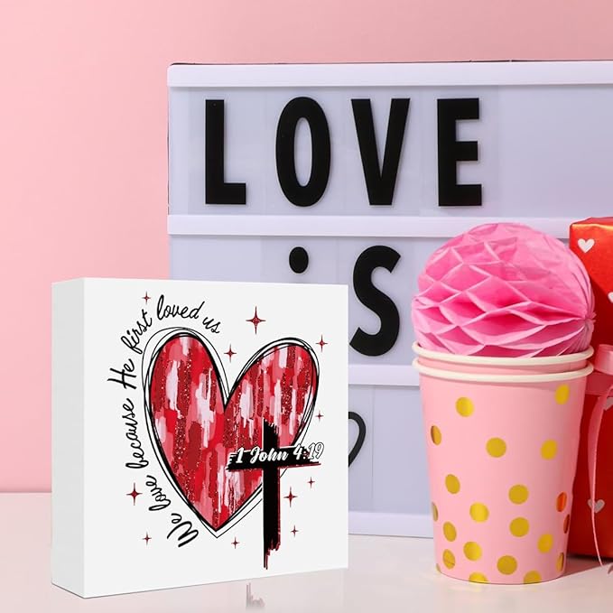 Valentines Day Decorations, Valentines Day Gifts for Her Him, Gift for Boyfriend Girlfriend, Heart Cross Jesus Bible Verse Anniversary Christian Wooden Box Sign Wife Home Office Bedroom Desk Decor