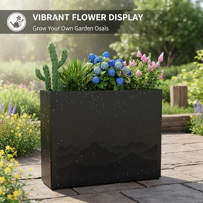 Vrtizalv Metal Rectangular Planter Box, 36” x 12” x 26” Heavy Duty Tall Rounded Corner Spliced Hollowed-Out Design Planter for Porch, Garden, Patio, Yard Outdoor Plants