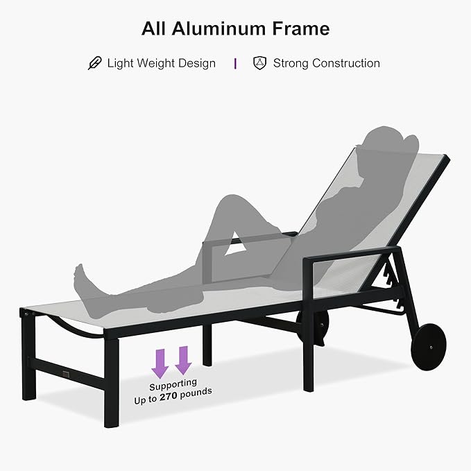 PURPLE LEAF Outdoor Chaise Lounge Set for 2 Aluminum Patio Chaise Lounger Chair with Armrest Adjustable Pool Chaise Lounge Chair for Beach Yard Poolside Table Included, Linen