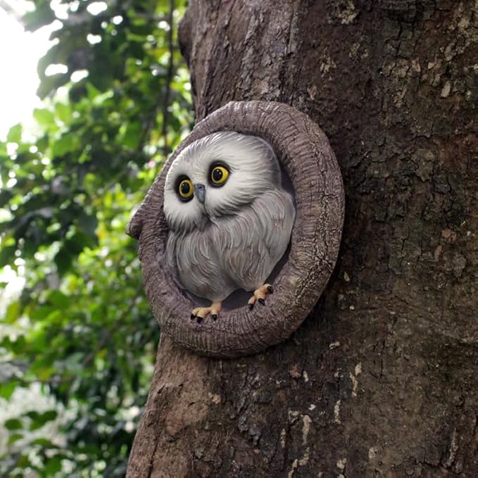 Baby Owl Resin Tree Faces, Whimsical Holiday Decorations Outdoor Owl Hugger Sculpture, Garden Ornament for Yard Lawn Patio Porch, Tree Decor Unique Garden Gift, Durable Waterproof Resin Statue