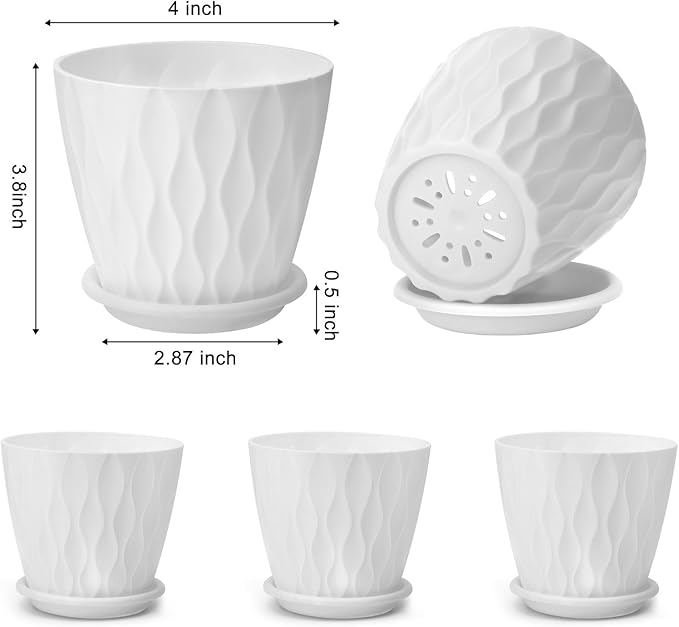 YNNICO 4 inch Plant Pots, 5 Pack Flower Pots Outdoor Indoor, Planters with Drainage Holes and Tray Saucers（White）