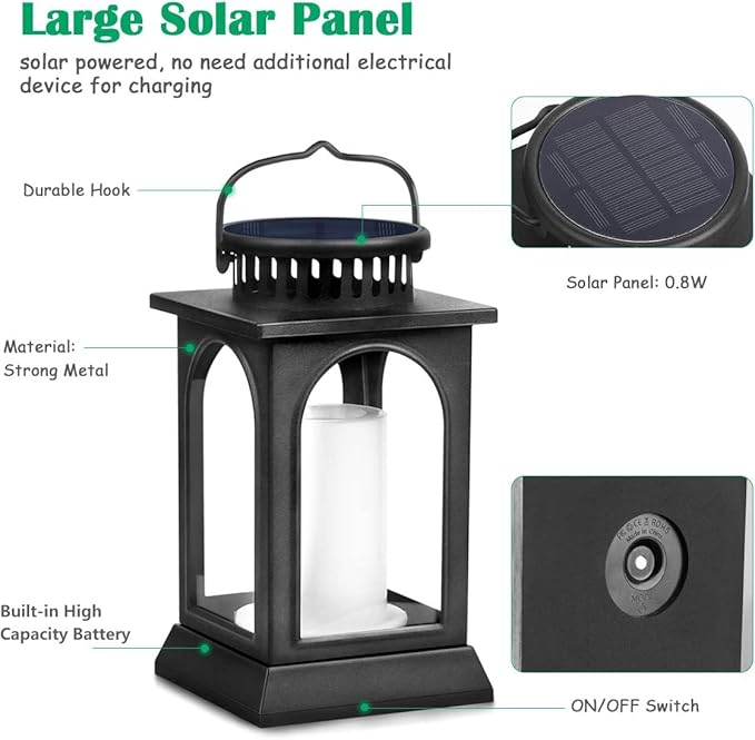 TomCare Solar Lights Flickering Flame Upgraded Metal Solar Lantern Outdoor Hanging Decorative Lanterns Heavy Duty Solar Powered Waterproof Outdoor Lighting for Patio Garden Deck Yard, 2 Pack (Black)