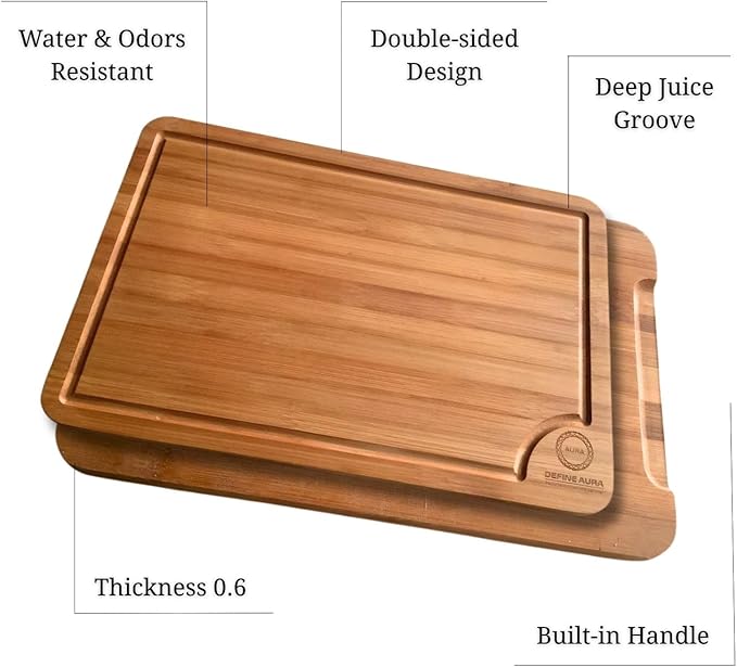 Define Aura Organic Bamboo Cutting Board Set of 3 – Wooden Kitchen Boards for Chopping, Meal Prep & Serving – Durable Charcuterie & Cheese Boards with Deep Juice Grooves and Side Handles