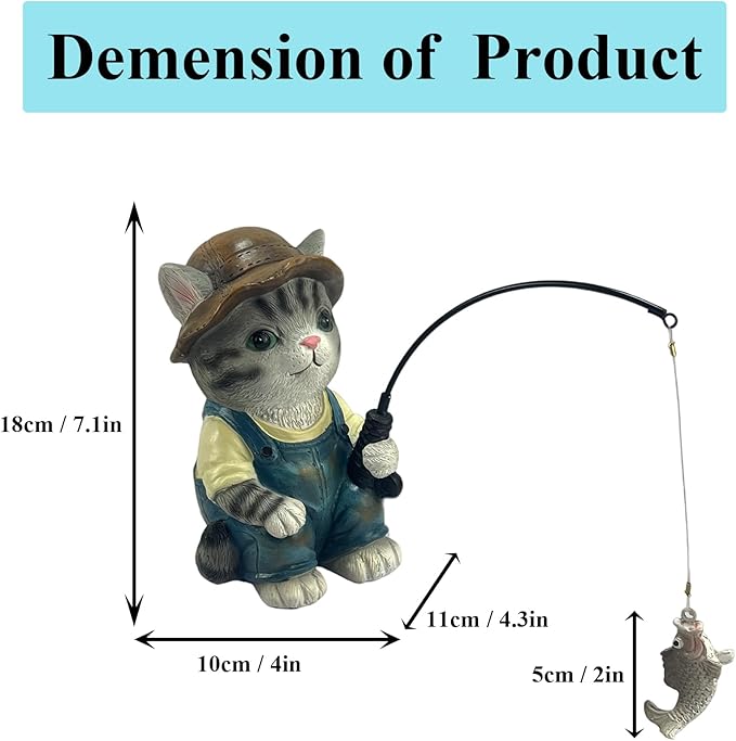 GARDEN WHISPER Cat Statue Outdoor Koi Pond Garden Decoration, Grey Cat Decor for Yard 7.1'' Fishing Tabby Statue Outdoor Garden Decor, Fishing Guy for Waterfalls or Koi Pond Additioanl, Gifts for Mom