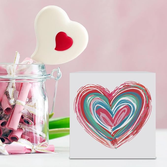 Valentines Day Decorations, Valentines Day Gifts for Her Him, Gift for Boyfriend Girlfriend, Vintage Romantic Pink Heart Brushstroke Anniversary Wooden Box Sign Husband Wife Home Office Desk Decor