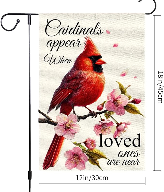 Spring Cardinal Garden Flag 12x18 Inch Double Sided Small Burlap Outdoor Yard Lawn Peach blossom Rustic Farmhouse Seasonal Wildflowers Anniversary Flags Decorations