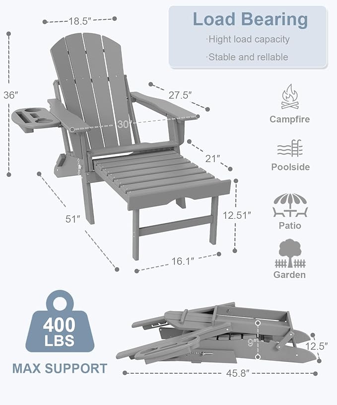 Adjustable Adirondack Chair with Retractable Ottoman Set of 2, HDPE Folding Adirondack Chair with Cup Holder, All Weather Fire Pit Chair for Outdoor,White Grey