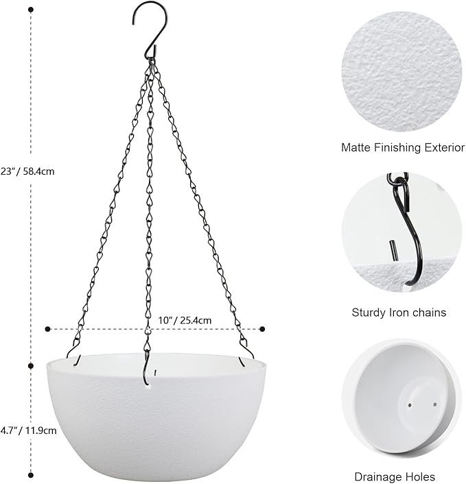 Meowell 10 inch Hanging Planters for Indoor Outdoor Plants, 2 Pack Hanging Flower Pots with Drainage Holes and Chain for Garden Balcony Porch, Round Plastic Hanging Baskets for House Plants, White