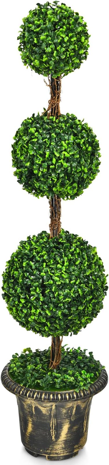 DREAMADE 4ft Topiary Trees Artificial Outdoor, Triple Ball Boxwood Topiary w/Cement-Filled Retro Pot, Fake Plants Shrub Bushes for Home, Office, Porch, Front Door, Entrance, Backyard
