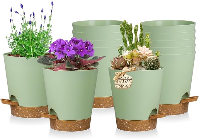 zople 12 Pack 4 Inch Self Watering Plant Pots with Drainage and Saucers，Plastic Flower Pots for Indoor and Outdoor Plants, Nursery Planters for Houseplants and Herbs Green Brown, 4 inch 12pcs